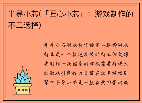 半导小芯(「匠心小芯」：游戏制作的不二选择)